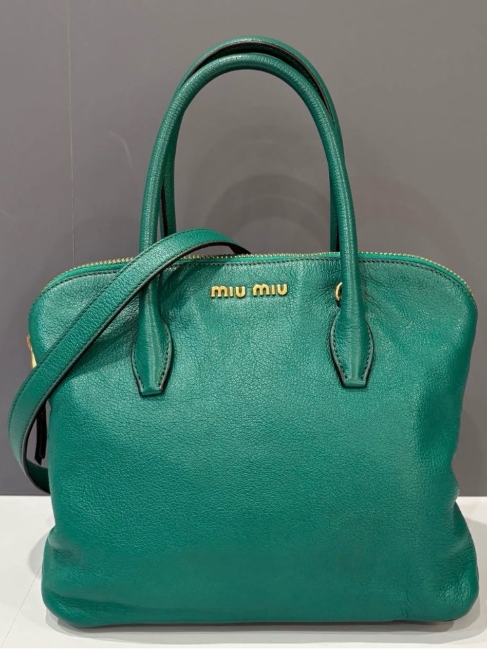 Miu Miu Green Leather Satchel with Gold Logo